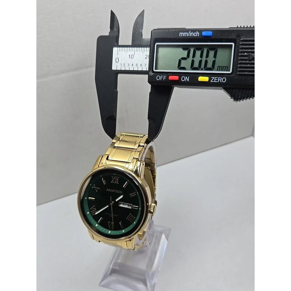 Armitron Mens Gold Tone Green Dial Day Date Quartz Watch 20/4935GP New Battery
